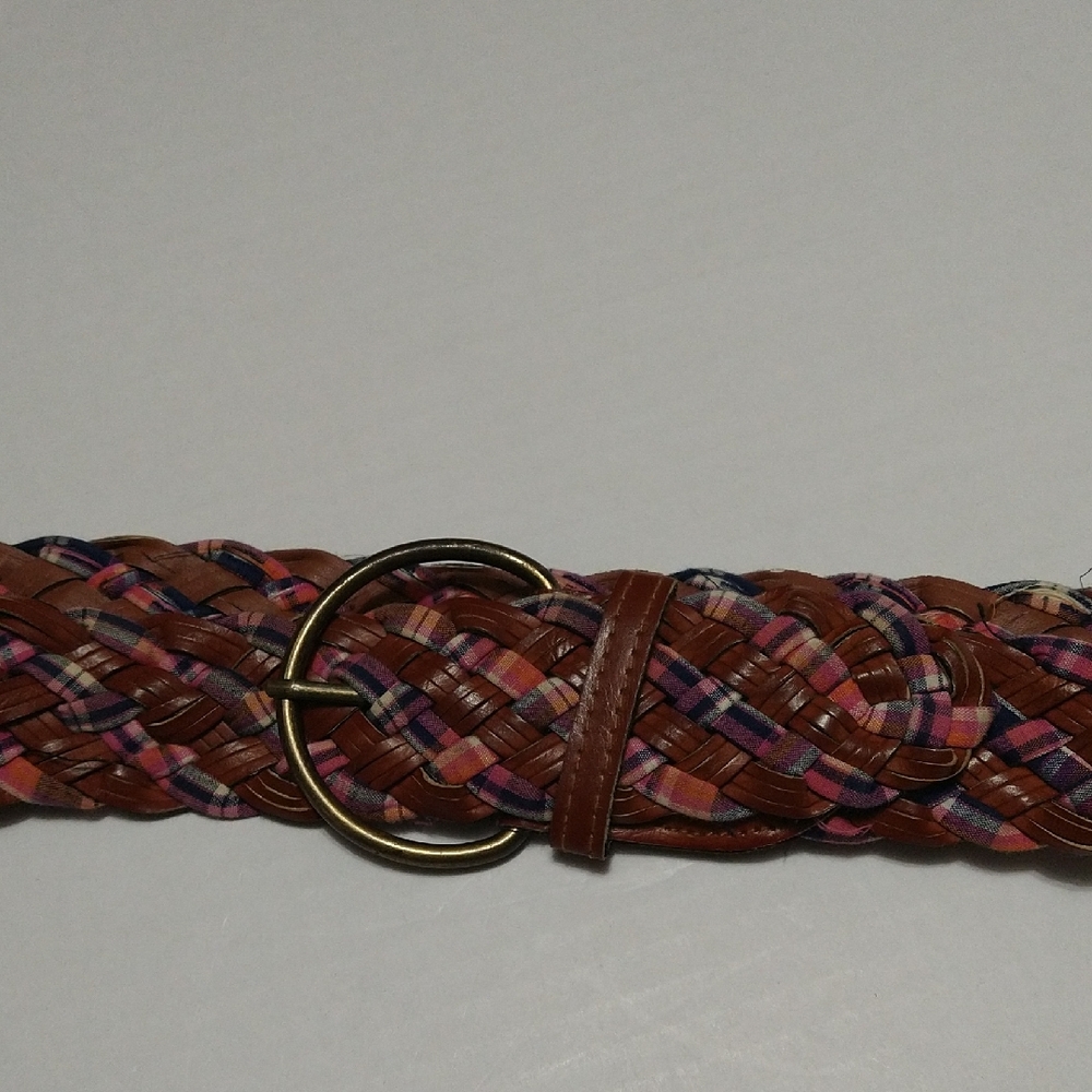 Braided Leather and Fabric Belt - Brown and Pink Adjustable Wide
